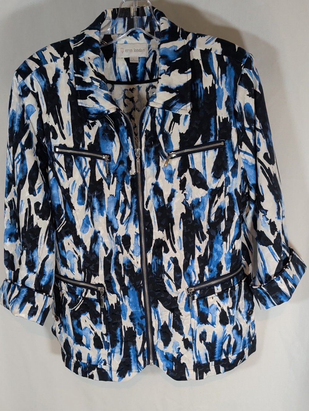 erin london Blue, Black & White Abstract Print Zip Jacket